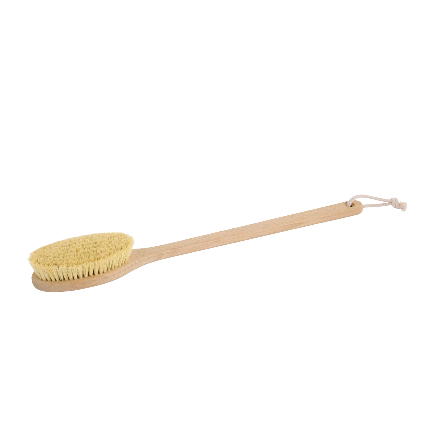 Long-handled bath brush with natural Tampico bristles and smooth oiled beechwood handle, designed for firm exfoliation and invigorating skin care, featured in Health & Wellness, Grooming and Personal Hygiene, Best Sellers, and Promo Eligible collections.