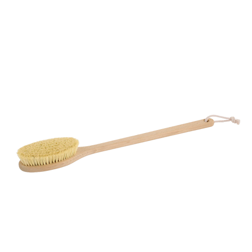Long-handled bath brush with natural Tampico bristles and smooth oiled beechwood handle, designed for firm exfoliation and invigorating skin care, featured in Health & Wellness, Grooming and Personal Hygiene, Best Sellers, and Promo Eligible collections.