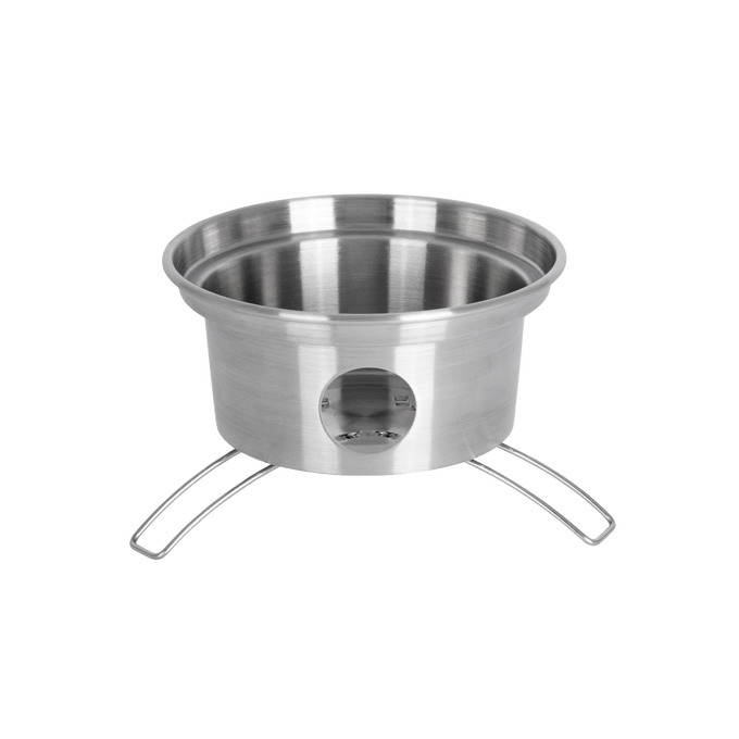 Handcrafted stainless steel stove base with vented opening and foldable wire legs, designed for efficient outdoor boiling; ideal for camping, emergency supplies, and farm tool collections.