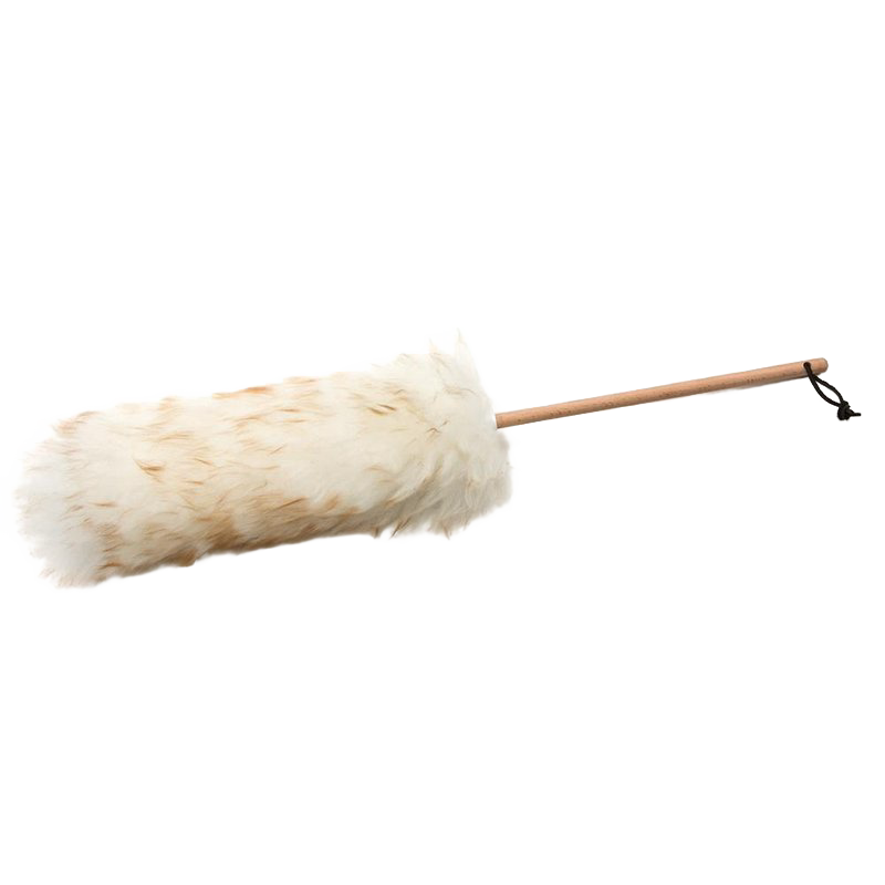 Handcrafted Lamb's Wool duster with soft natural fibers on a wooden handle, designed for effective dusting in home and decor, household cleaning, and USA made collections.