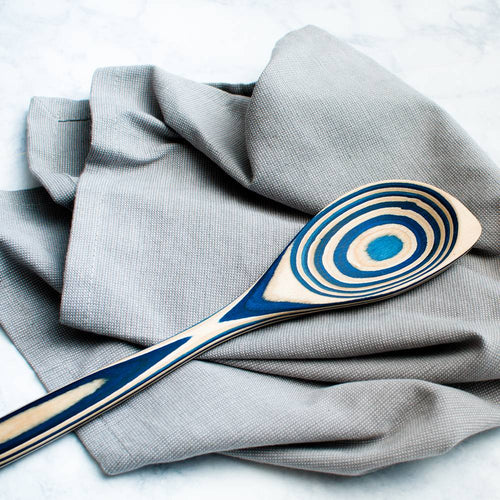 Handcrafted pakkawood corner spoon with vibrant blue concentric circle patterns, featuring a sturdy design and heat-resistant finish, ideal for Kitchen & Food, Kitchen Gadgets, Cooking and Baking Helpers, Storage and Serving, Best Sellers, Promo Eligible collections.