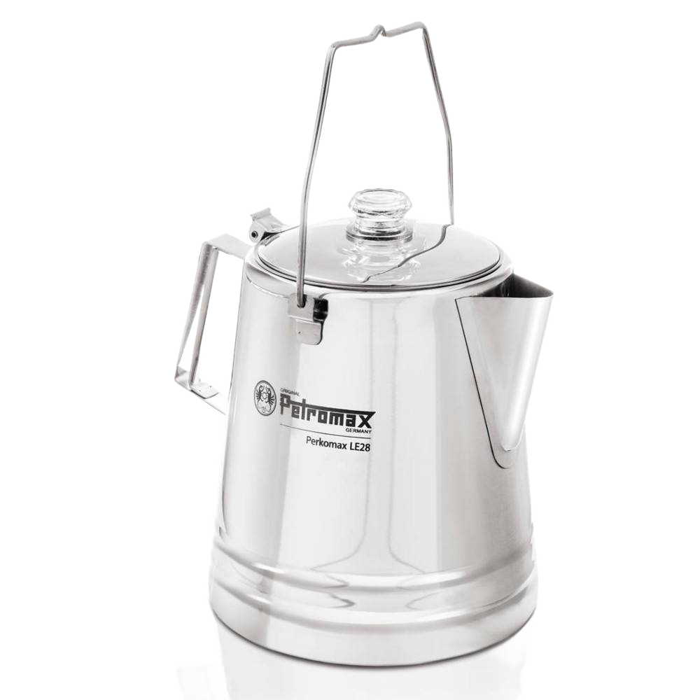 Polished stainless steel percolator with clear glass knob, wire bail handle, and angular side handle, designed for gentle brewing in Kitchen & Food, Camping, and Brewing Coffee and Tea collections.