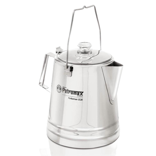 Polished stainless steel percolator with clear glass knob, wire bail handle, and angular side handle, designed for gentle brewing in Kitchen & Food, Camping, and Brewing Coffee and Tea collections.
