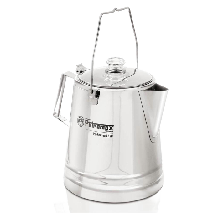 Polished stainless steel percolator with clear glass knob, wire bail handle, and angular side handle, designed for gentle brewing in Kitchen & Food, Camping, and Brewing Coffee and Tea collections.