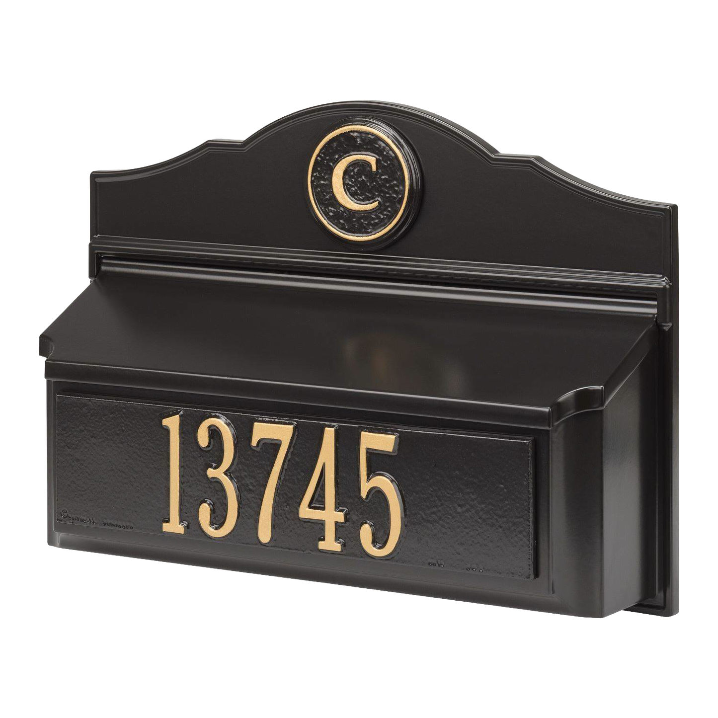 Black and gold wall mount mailbox customized with house number and monogram, handcrafted in the USA, enhancing curb appeal for Home & Decor and Mailboxes and Address Signs collections.