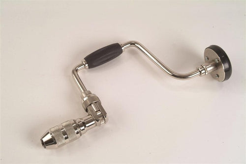 Nickel-plated carpenter’s brace featuring a 3-jaw chuck and steel trim plate on handle, handcrafted and ideal for Farm, Garden & Tool, Hand Tools and Hardware, and Best Sellers collections.
