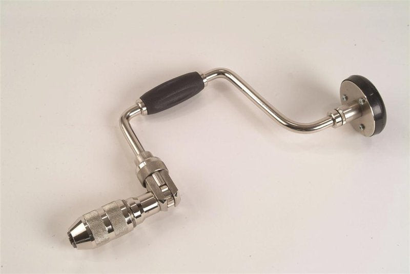 Nickel-plated carpenter’s brace featuring a 3-jaw chuck and steel trim plate on handle, handcrafted and ideal for Farm, Garden & Tool, Hand Tools and Hardware, and Best Sellers collections.