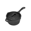 Heavy-duty cast iron saucepan with lid featuring a long handle and pouring spouts, ideal for farm, garden, camping, and outdoor cookware use.
