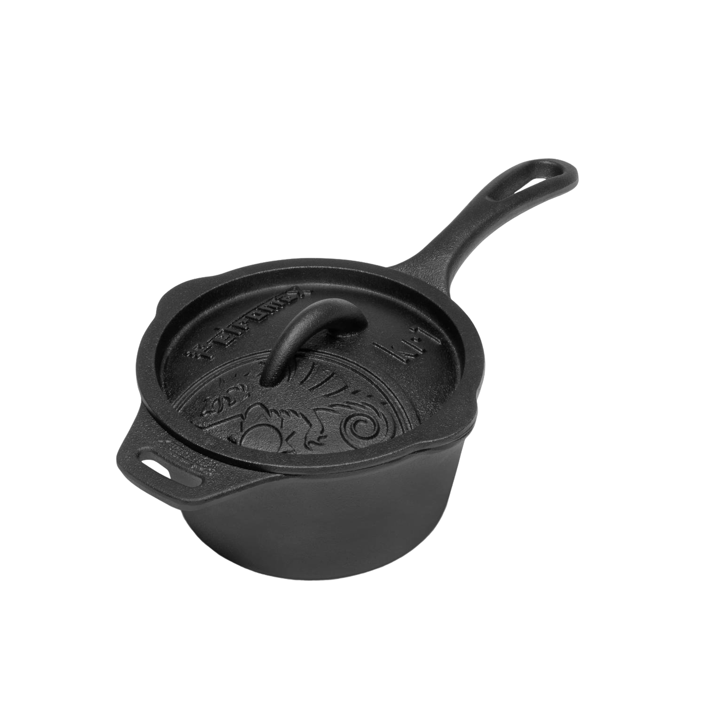 Heavy-duty cast iron saucepan with lid featuring a long handle and pouring spouts, ideal for farm, garden, camping, and outdoor cookware use.