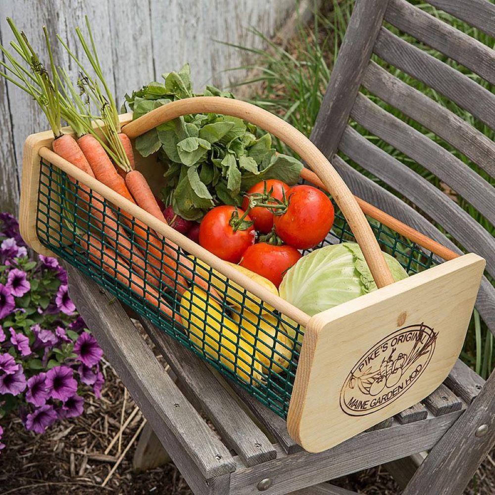 Handcrafted wooden garden hod with green wire mesh sides and engraved logo, filled with fresh carrots, tomatoes, cabbage, and greens, part of Farm, Garden & Tool, Garden Accessories, USA Made, Best Sellers, and Promo Eligible collections.