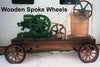 Traditional wooden trailer with solid wooden spoke wheels, featuring a 1.5hp green John Deere engine and single freezer, ideal for Kitchen & Food, Specialty Equipment, and Making Ice Cream collections.