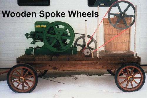 Traditional wooden trailer with solid wooden spoke wheels, featuring a 1.5hp green John Deere engine and single freezer, ideal for Kitchen & Food, Specialty Equipment, and Making Ice Cream collections.
