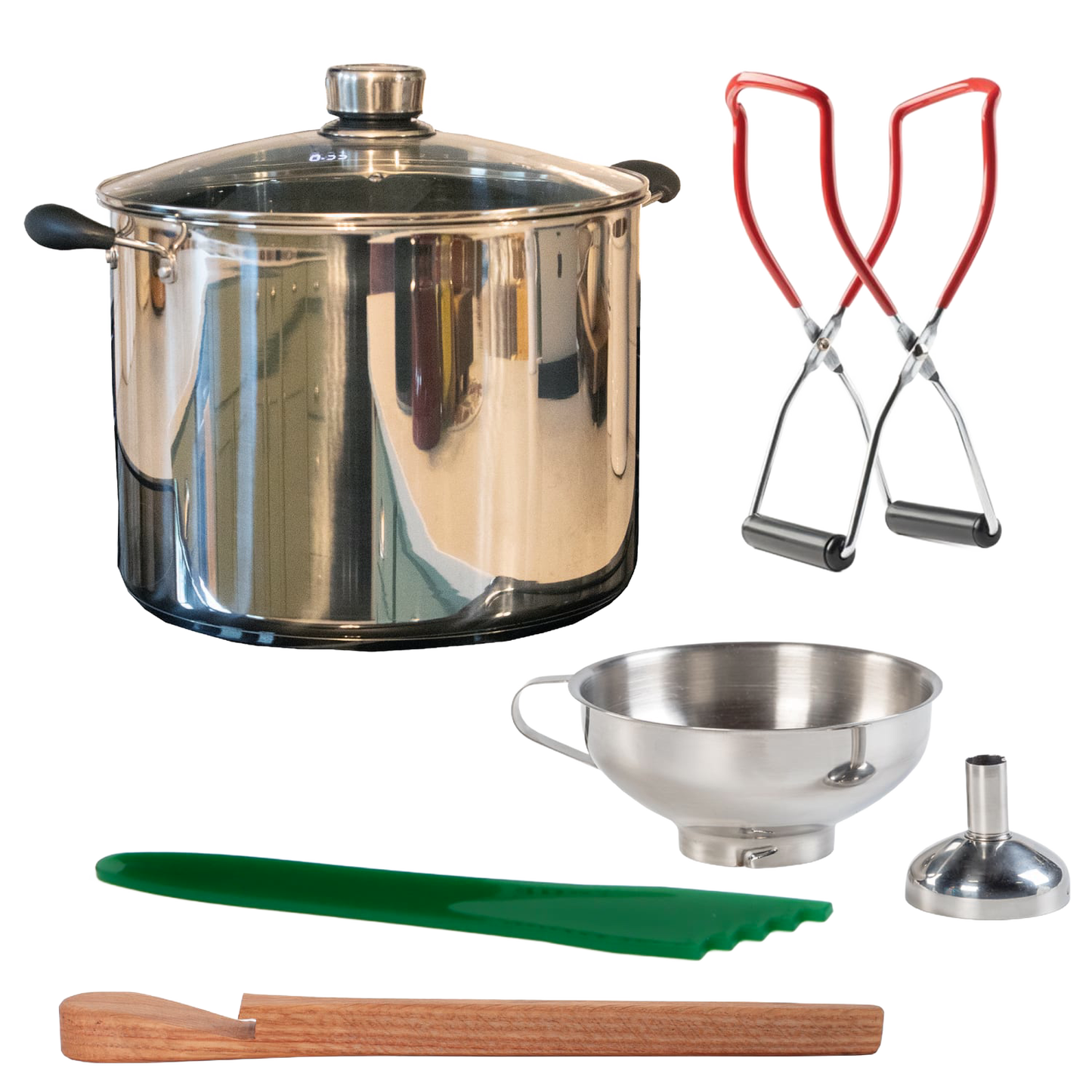 Handcrafted stainless steel water bath canner with glass lid, paired with red-handled jar lifters, stainless steel funnel, green silicone spatula, and wooden stirring paddle, ideal for Kitchen & Food, Food Preservation, Canning, and Best Sellers collections.