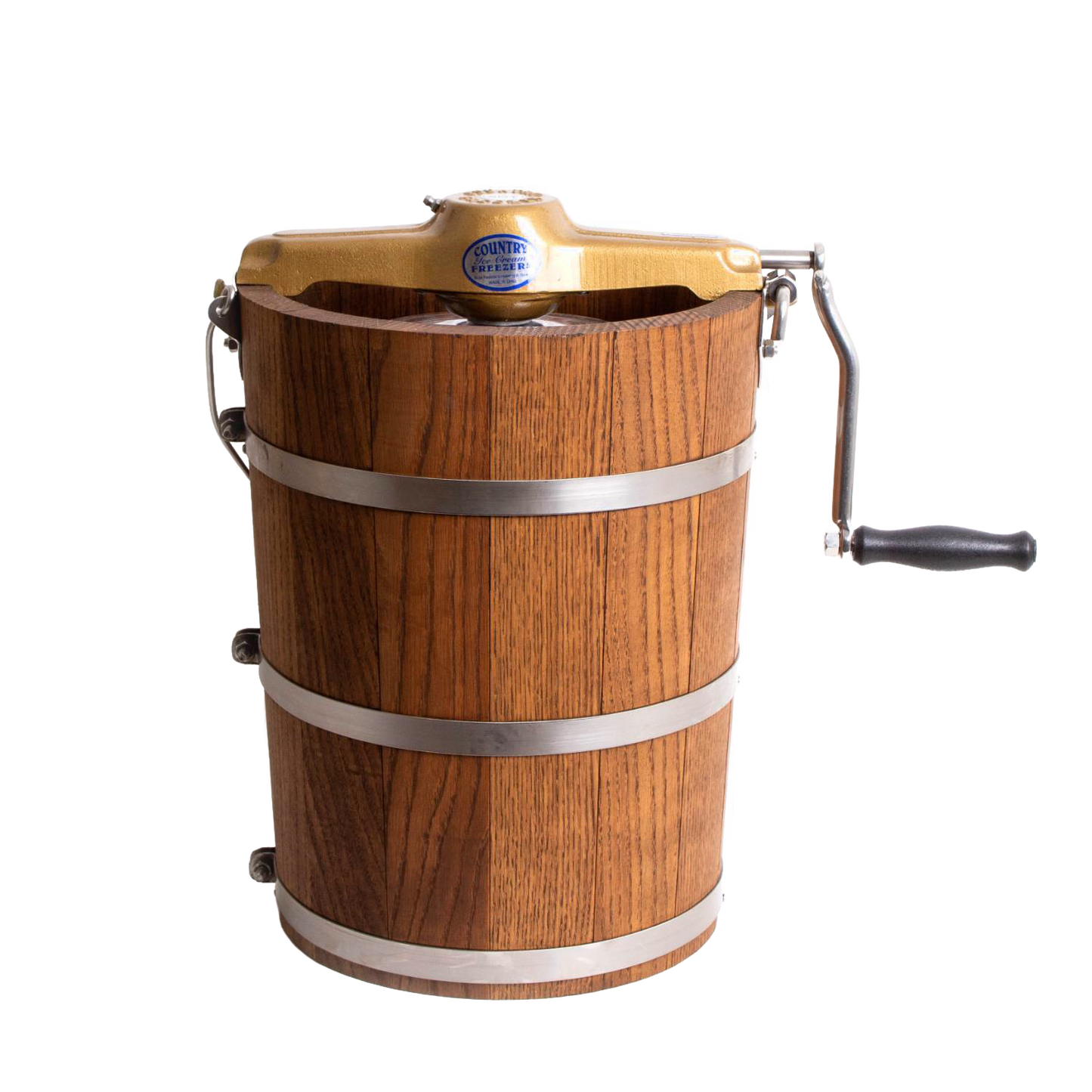 Handcrafted wooden ice cream freezer with metal bands and a smooth crank handle, made in USA, designed for Kitchen & Food, Specialty Equipment, Making Ice Cream, and Best Sellers collections.