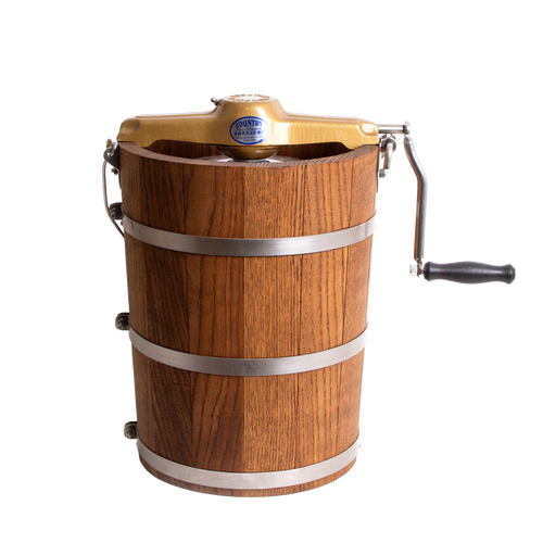 Handcrafted wooden ice cream freezer with metal bands and a smooth crank handle, made in USA, designed for Kitchen & Food, Specialty Equipment, Making Ice Cream, and Best Sellers collections.