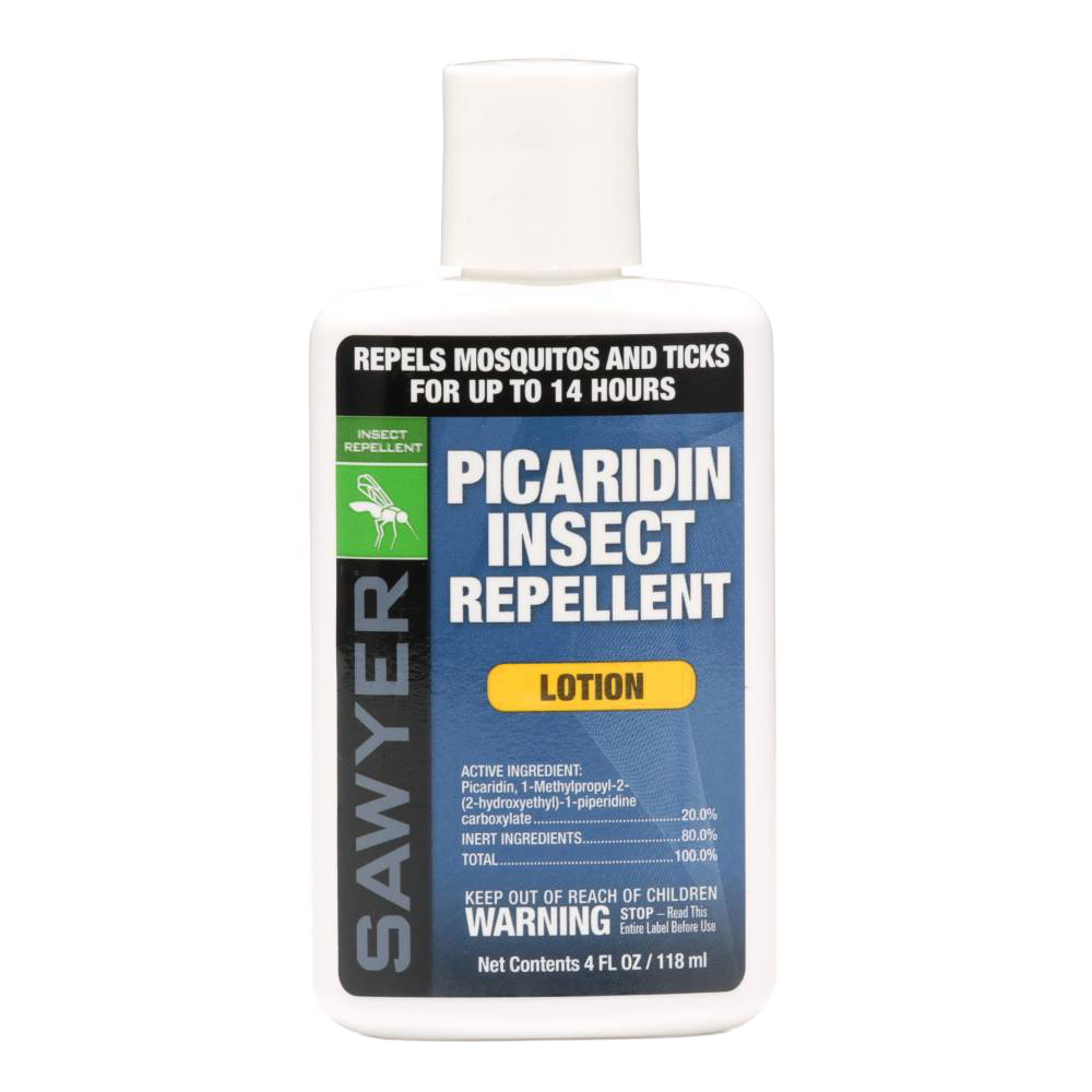 Small white bottle of Picaridin insect repellent lotion with blue and green label, effective for outdoor use, ideal for farm, garden, camping, and balms collections.