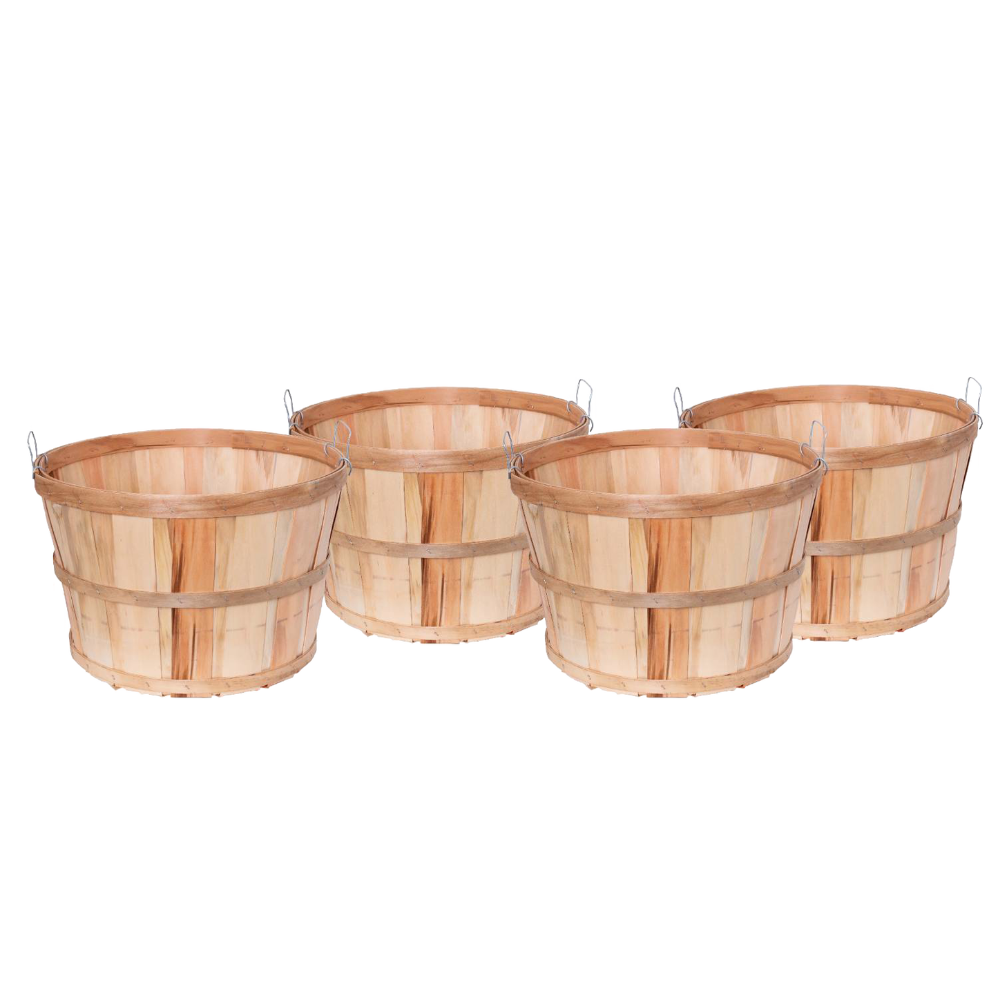 Set of four handcrafted Old-Time Poplar bushel baskets made in USA from untreated poplar wood with metal wire accents, ideal for Farm, Garden & Tool, Garden Accessories, and Best Sellers collections.