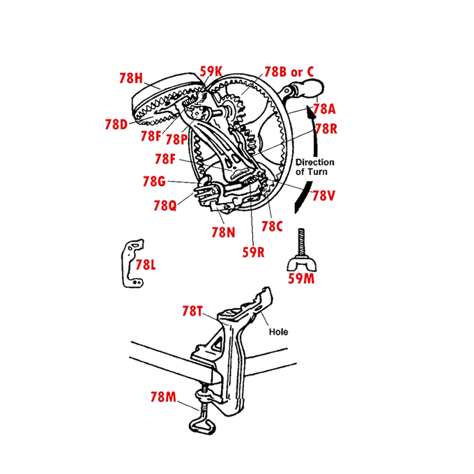 Detailed black-and-white technical drawing of a mechanical ratchet spring assembly with labeled parts, designed for specialty kitchen equipment in farm, garden, and apple harvest collections.