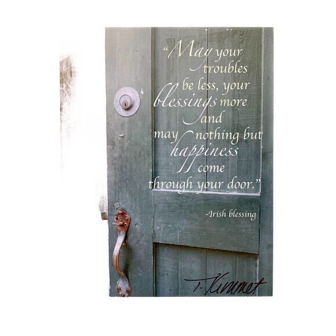 Rustic rope-trimmed wall plaque featuring an uplifting Irish blessing quote on a weathered green wooden door background, handcrafted and made in USA, ideal for Home & Decor collections.