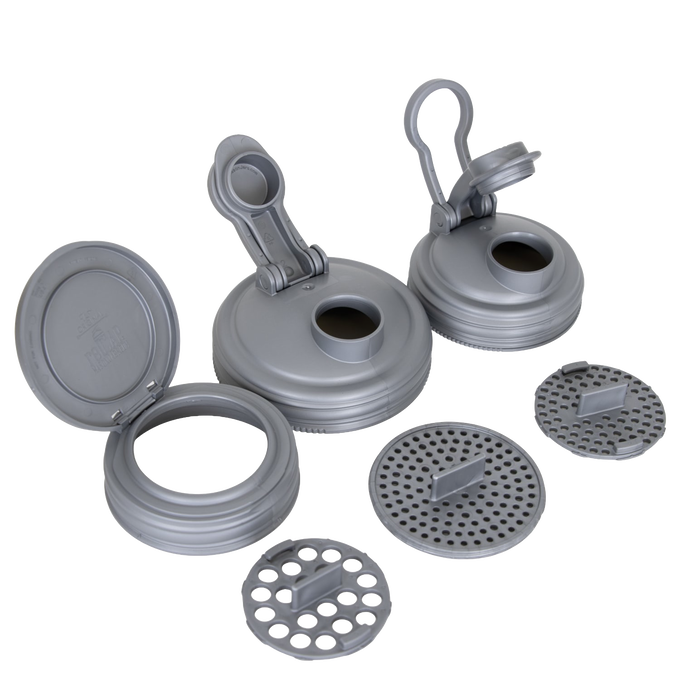 Set of six gray zero waste mason jar lids with various pour and flip top designs and removable perforated inserts, suitable for eco-friendly Home & Decor and Household Helpers collections.