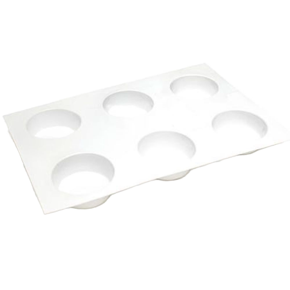 White plastic round soap mold with six cavities, made in USA, ideal for creating 2.5 oz bars, featured in Health & Wellness and Soapmaking Supplies collections.