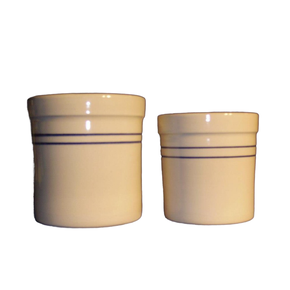Pair of handcrafted blue-striped stoneware crocks in natural finish, made in USA, ideal for kitchen use, food preservation, and fermenting small batches.
