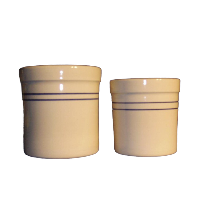 Pair of handcrafted blue-striped stoneware crocks in natural finish, made in USA, ideal for kitchen use, food preservation, and fermenting small batches.