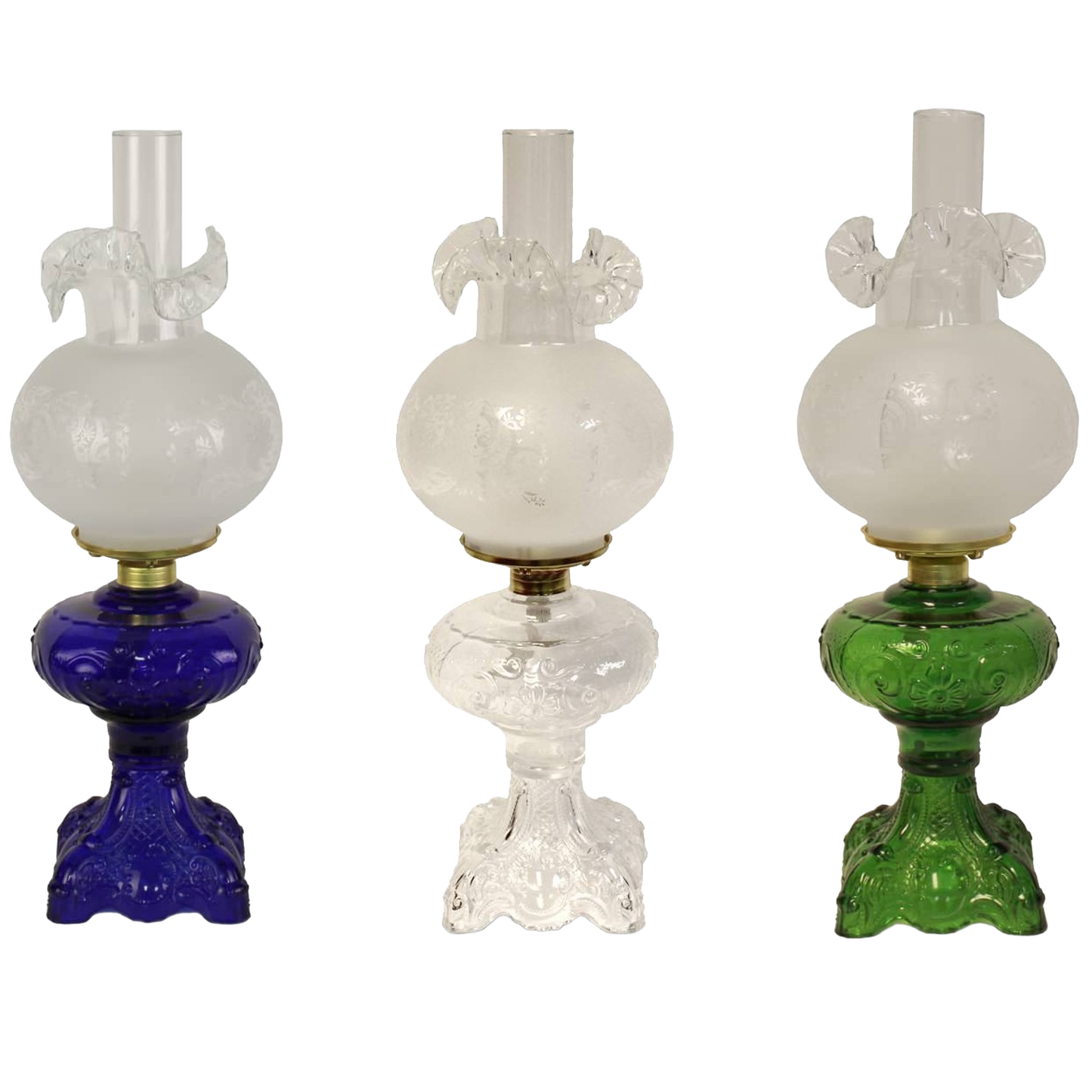 Three handcrafted 22" Princess Feather oil lamps with intricately sculptured bases in blue, clear, and green glass, featuring brass-plated burners and glass chimneys, ideal for Lamps & Lighting and Best Sellers collections.