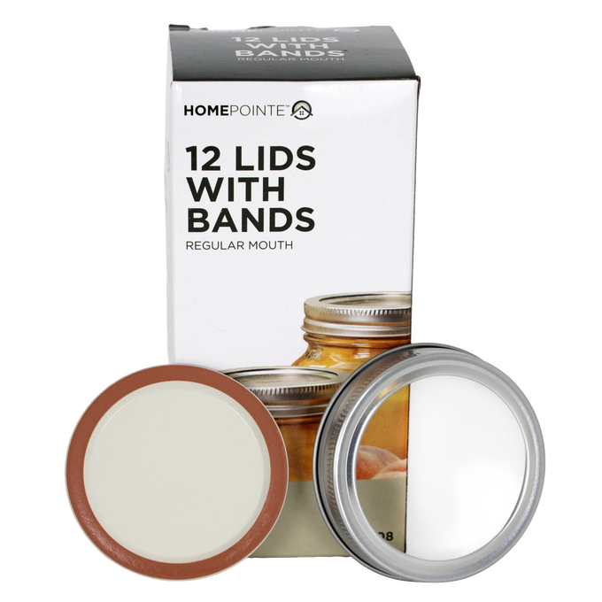 Box containing 12 regular-mouth canning jar lids and metal bands with BPA-free sealing compound, suitable for Kitchen & Food, Food Preservation, Canning collections, and best sellers.