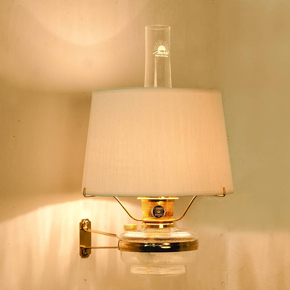 Aladdin Clear Regency Wall Oil Lamp with white parchment shade and glass chimney, handcrafted for bright, space-saving illumination in Farm, Garden & Tool, Lamps & Lighting, and Emergency Supplies collections.