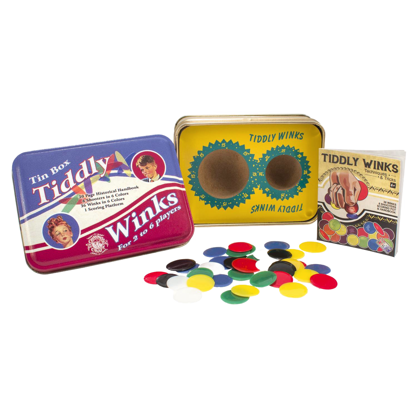 Handcrafted classic tin game set featuring colorful Tiddly Winks pieces, vintage-style metal box, and instruction booklet, made in USA, part of Toys, Books & Games, USA Made, Children's Toys, Games and Puzzles, Table and Board Games, Best Sellers, and Promo Eligible collections.