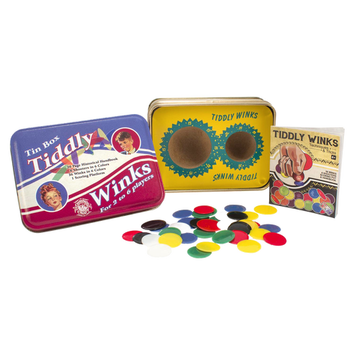 Handcrafted classic tin game set featuring colorful Tiddly Winks pieces, vintage-style metal box, and instruction booklet, made in USA, part of Toys, Books & Games, USA Made, Children's Toys, Games and Puzzles, Table and Board Games, Best Sellers, and Promo Eligible collections.