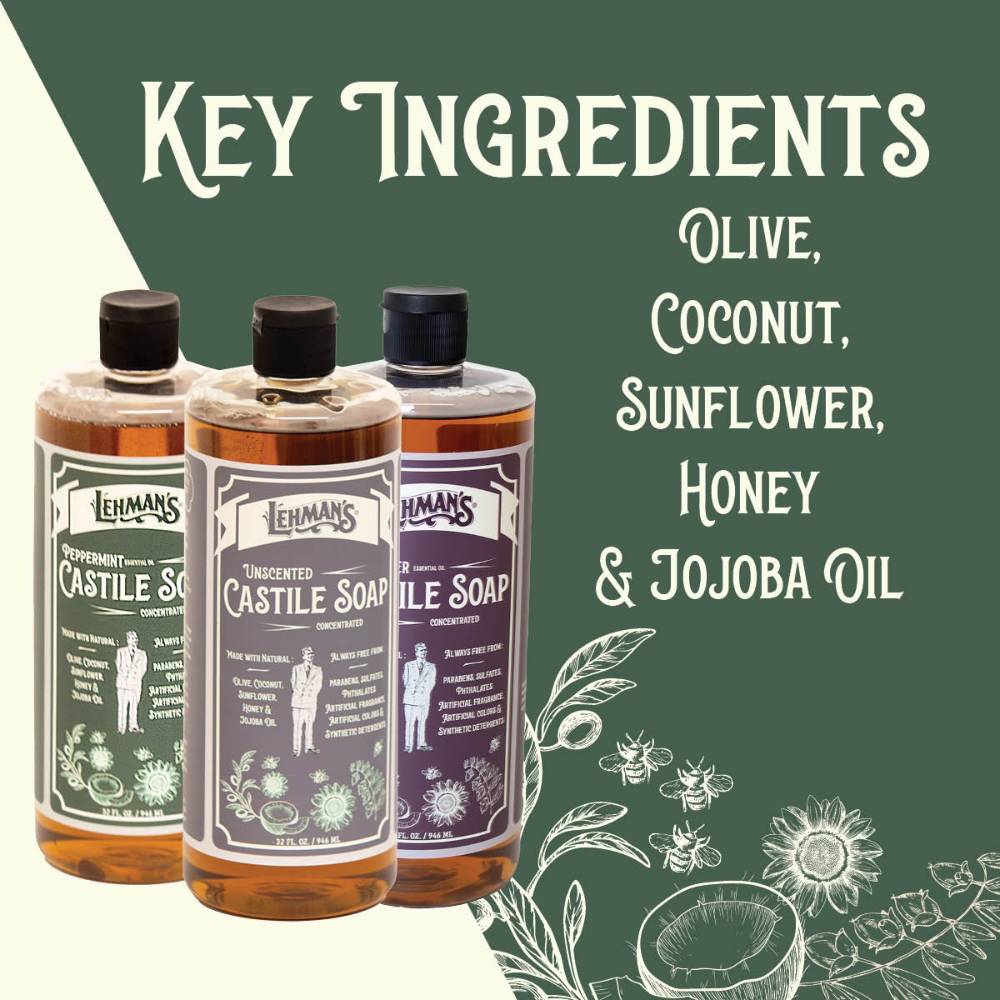 Three amber bottles of Lehman's Castile concentrated liquid soap in peppermint, unscented, and lavender varieties with illustrations of olive, coconut, sunflower, honey, and jojoba oil on a green background highlighting natural key ingredients for health, grooming, soapmaking, and USA-made collections.