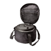 Open black ripstop fabric bag with shoulder straps containing a cast iron Dutch oven, featuring interior mesh pockets for accessories, ideal for Farm, Garden & Tool, Camping, Best Sellers, and Promo Eligible collections.