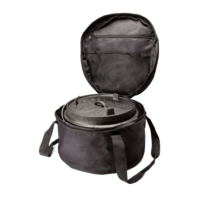 Open black ripstop fabric bag with shoulder straps containing a cast iron Dutch oven, featuring interior mesh pockets for accessories, ideal for Farm, Garden & Tool, Camping, Best Sellers, and Promo Eligible collections.