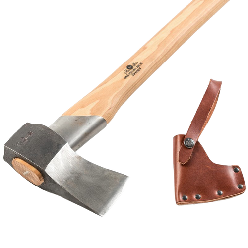 Handcrafted splitting axe with a polished forged steel head and smooth wooden handle, accompanied by a durable brown leather sheath, ideal for wood cutting in Farm, Garden & Tool and Best Sellers collections.
