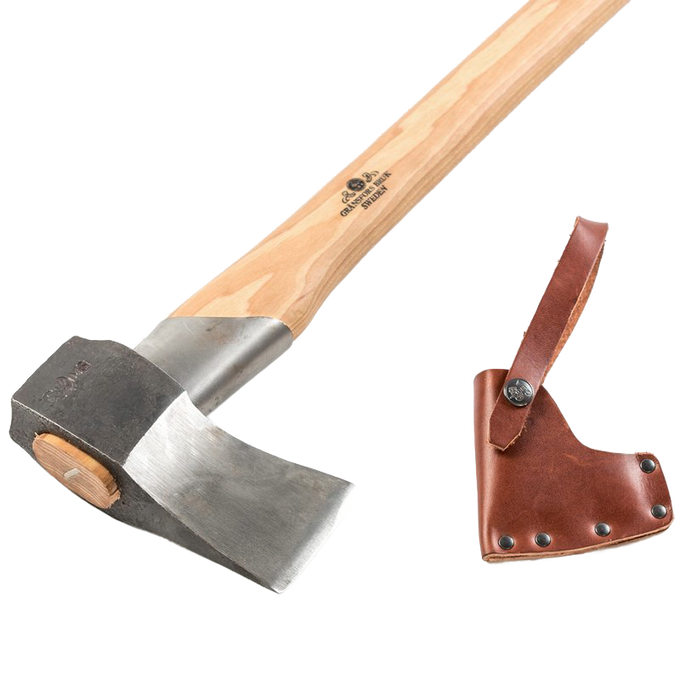 Handcrafted splitting axe with a polished forged steel head and smooth wooden handle, accompanied by a durable brown leather sheath, ideal for wood cutting in Farm, Garden & Tool and Best Sellers collections.