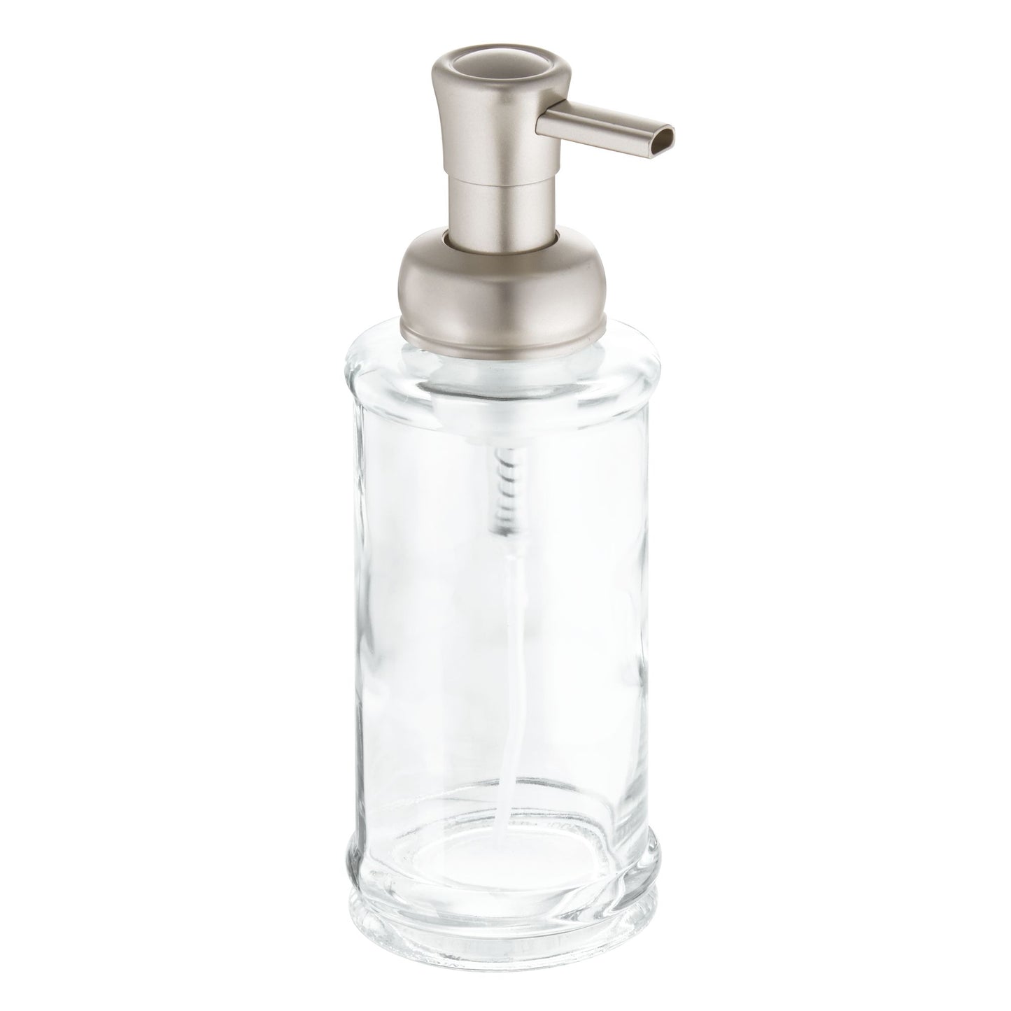 Clear glass dispenser bottle with brushed metal pump, ideal for dispensing oils or soaps, featured in Kitchen & Food, Storage and Serving, and Best Sellers collections.