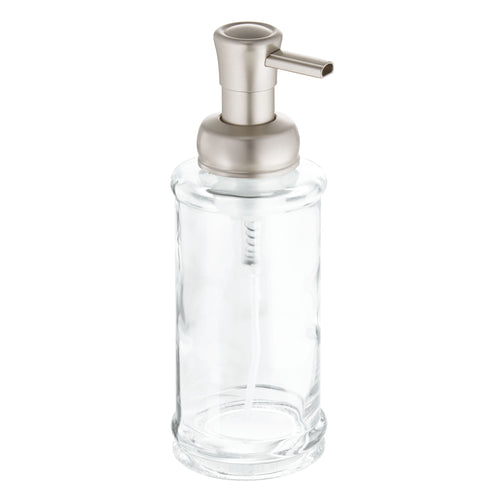 Clear glass dispenser bottle with brushed metal pump, ideal for dispensing oils or soaps, featured in Kitchen & Food, Storage and Serving, and Best Sellers collections.