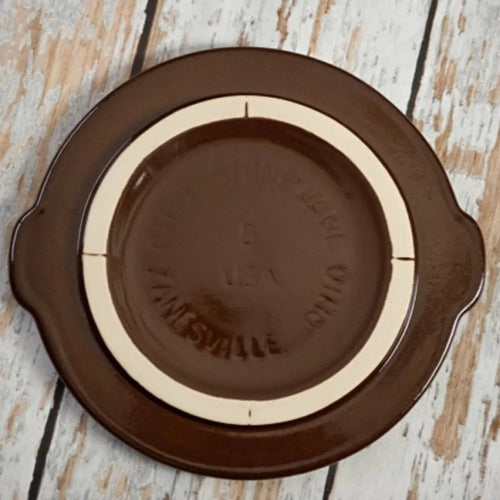 Handcrafted stoneware cover in rich brown with cream accent ring and side handles, made in USA, designed for Kitchen & Food, Food Preservation, and Fermenting and Pickling collections.