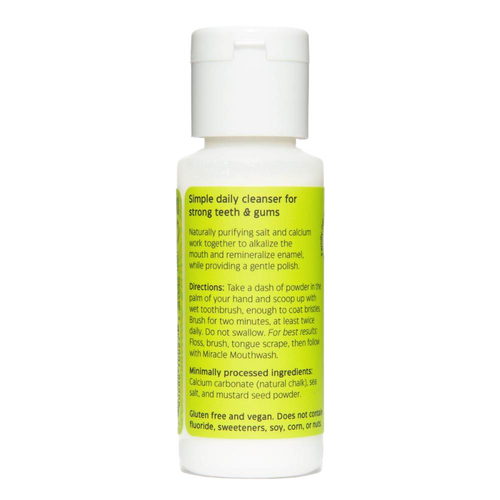 White plastic bottle of natural tooth powder with bright green label detailing daily cleanser benefits, ingredients, and usage instructions, featured in Health & Wellness, Health Remedies, Grooming and Personal Hygiene, USA Made, Best Sellers, and Promo Eligible collections.