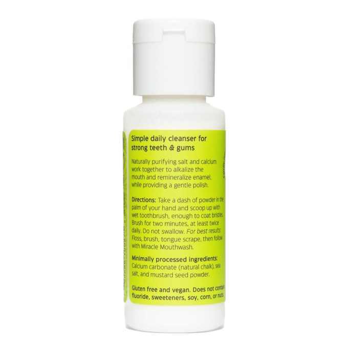 White plastic bottle of natural tooth powder with bright green label detailing daily cleanser benefits, ingredients, and usage instructions, featured in Health & Wellness, Health Remedies, Grooming and Personal Hygiene, USA Made, Best Sellers, and Promo Eligible collections.