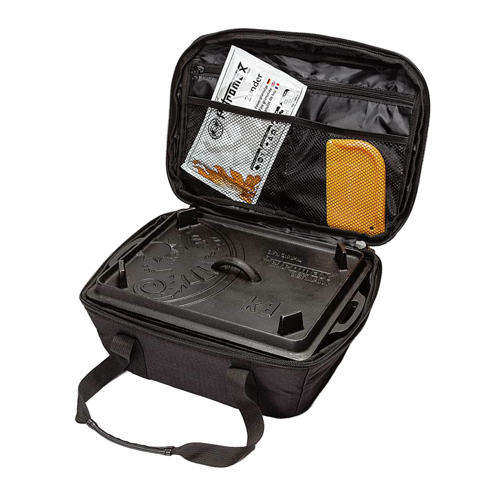 Black durable transport bag with zippered mesh pocket, designed for safely carrying a cast iron loaf pan, featured in Camping, Farm, Garden & Tool, Best Sellers, and Bread Making Supplies collections.