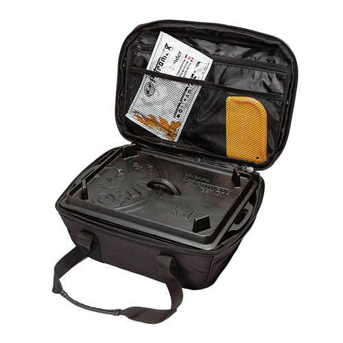 Black durable transport bag with zippered mesh pocket, designed for safely carrying a cast iron loaf pan, featured in Camping, Farm, Garden & Tool, Best Sellers, and Bread Making Supplies collections.