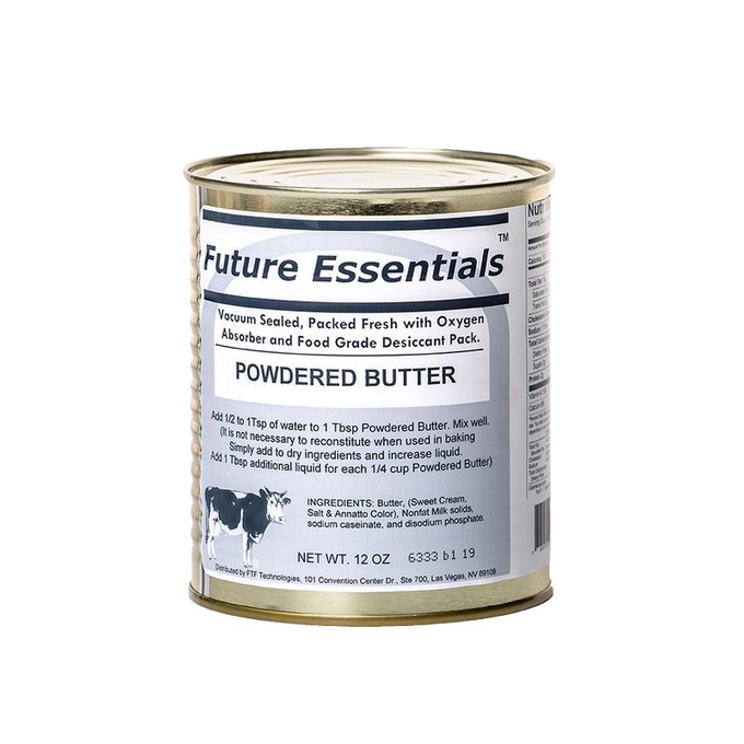 12 oz can of powdered butter with detailed usage instructions and ingredients label, designed for long shelf life and ideal for Farm, Garden & Tool, Kitchen & Food, Emergency Supplies, Food, Pantry, USA Made, and Best Sellers collections.