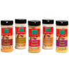 Five plastic shaker containers of popcorn seasonings with brightly colored labels in flavors like Zesty Cheddar, Sweet Caramel, Buttery Jalapeno, White Cheddar, and Movie Theater, featured in Kitchen & Food, Snacks and Sweets, USA Made, Best Sellers, and Promo Eligible collections.