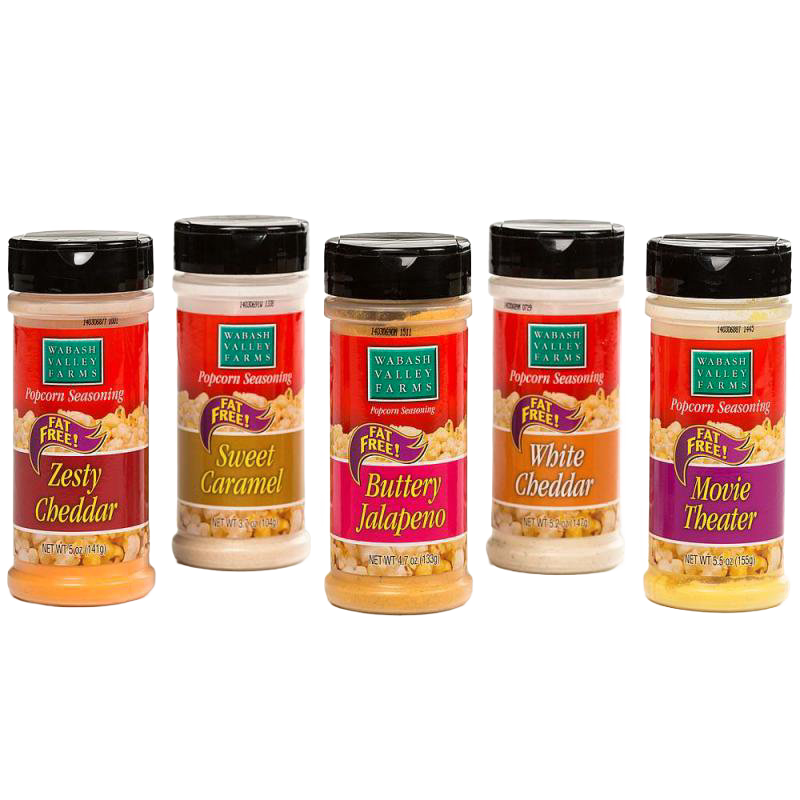 Five plastic shaker containers of popcorn seasonings with brightly colored labels in flavors like Zesty Cheddar, Sweet Caramel, Buttery Jalapeno, White Cheddar, and Movie Theater, featured in Kitchen & Food, Snacks and Sweets, USA Made, Best Sellers, and Promo Eligible collections.
