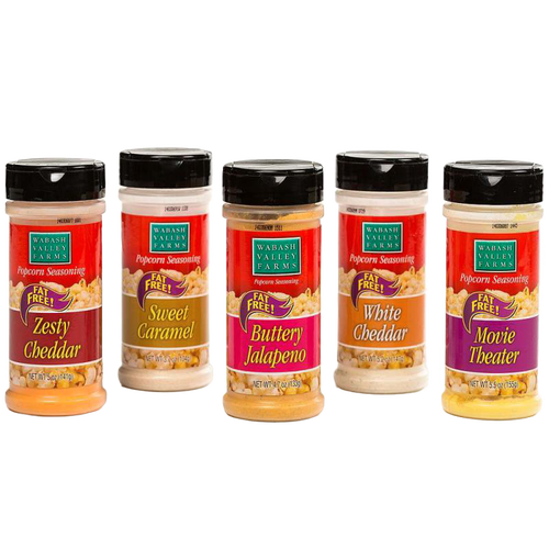 Five plastic shaker containers of popcorn seasonings with brightly colored labels in flavors like Zesty Cheddar, Sweet Caramel, Buttery Jalapeno, White Cheddar, and Movie Theater, featured in Kitchen & Food, Snacks and Sweets, USA Made, Best Sellers, and Promo Eligible collections.