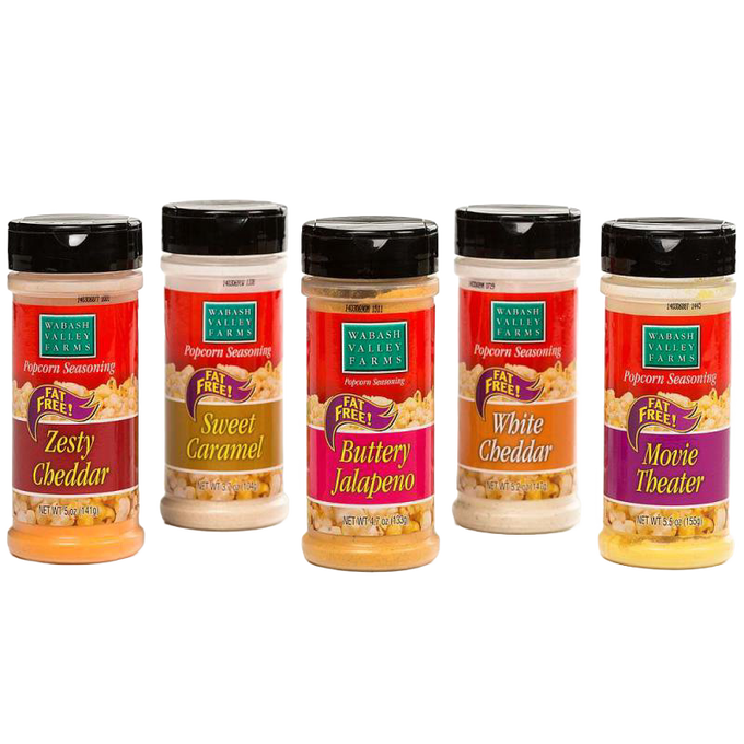 Five plastic shaker containers of popcorn seasonings with brightly colored labels in flavors like Zesty Cheddar, Sweet Caramel, Buttery Jalapeno, White Cheddar, and Movie Theater, featured in Kitchen & Food, Snacks and Sweets, USA Made, Best Sellers, and Promo Eligible collections.
