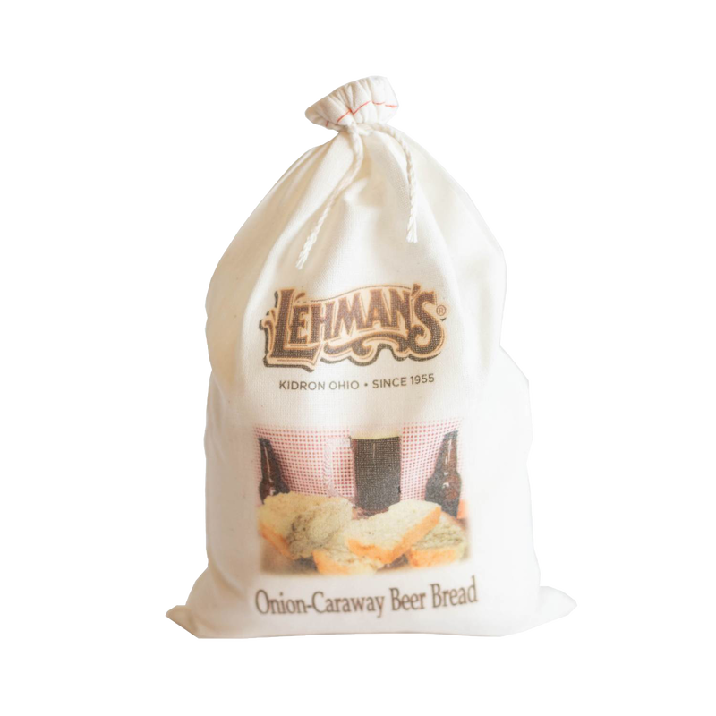 Soft cotton drawstring bag containing handcrafted onion-caraway beer bread mix, featuring rustic branding and imagery, ideal for Kitchen & Food, Pantry, Dry Goods and Mixes, Best Sellers, and Promo Eligible collections.